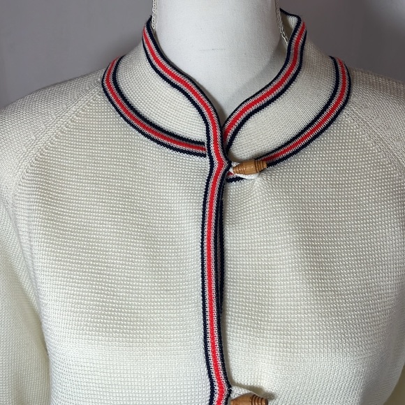 BONNIE LEE Division of Leroy Vintage Cream Red Blue Piping Wood Button Cardigan - Picture 3 of 7